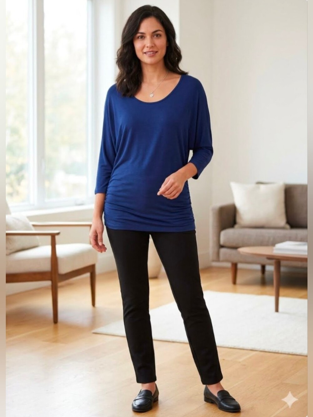 Femme Tresics Dark Royal Blue Side Ruched 3/4 Batwing Sleeve Popover Top Size M